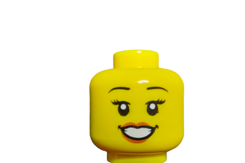 Close-up of a yellow LEGO 6306822 Minifigure Head with an open-mouth smile, featuring arched black eyebrows, wide eyes, and painted eyelashes against a plain white background.