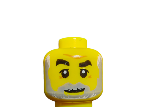 Close-up of LEGO 6224063 Minifigure Head, featuring white bushy eyebrows and a smiling mouth with grey long beard. Perfect for customizing your unique creations, all set against a plain white background.