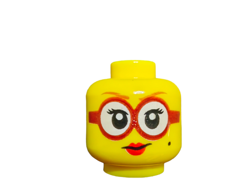 The LEGO 6329613 Minifigure Head features red glasses, a happy smile with red lipstick, and a beauty mark, capturing the charm of a classic block building toy.