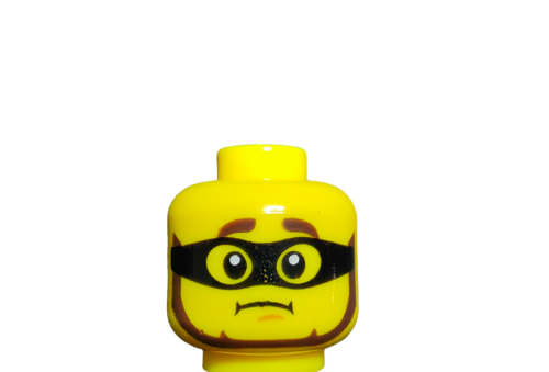 A close-up of the LEGO 6384850 Minifigure Head with reddish brown thick eyebrows, a beard, and a black mask, showing a neutral expression against a white background.