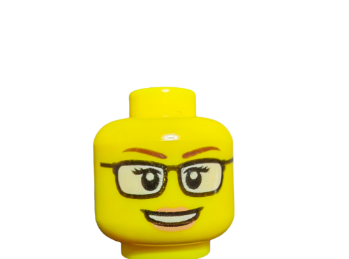 The LEGO 6153328 Minifigure Head captures geek chic with glasses, brown eyebrows, and a smile. Its simple cartoon-like face stands out on a white background, making it a must-have for gadget geeks.