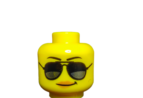 A customizable LEGO 6176636 Minifigure Head features black sunglasses, confident smile, and yellow color.