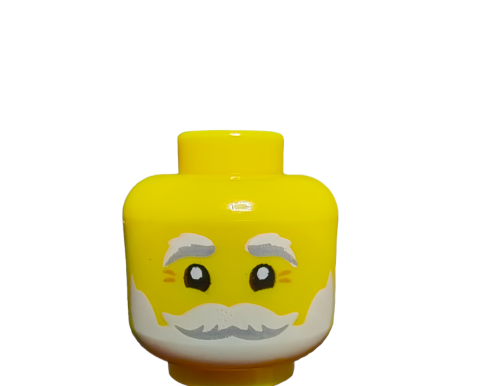 The LEGO 6352820 Minifigure Head features a yellow design with white bushy eyebrows and a white beard, reminiscent of Santa Claus. Its cheerful expression and forward-gazing eyes exude festive flair against a plain white background.