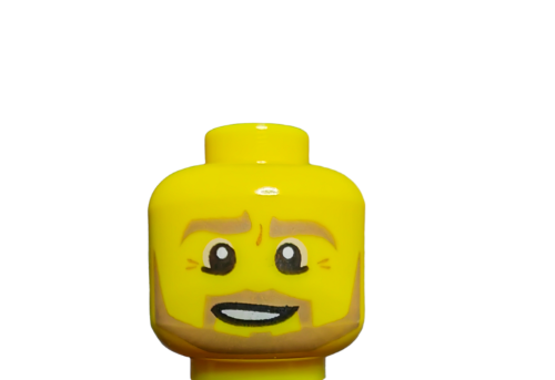 Close-up of the LEGO 6100249 Minifigure Head, Ginger Beard - UB1021 featuring a yellow smiling face with brown eyebrows and a beard against a plain white background.