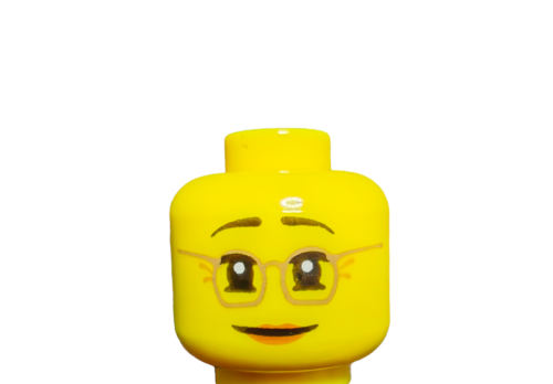 The LEGO 6124264 Minifigure Head, Double Faced Glasses and Happy Smile - UB1011 features a joyful expression with glasses, set against a plain white background.
