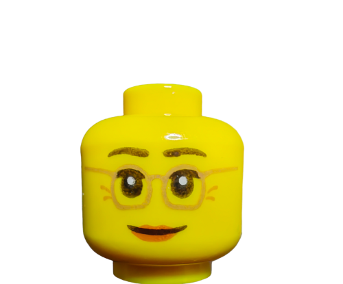 The LEGO 6124264 Minifigure Head is a yellow piece featuring printed details such as glasses-wearing eyes, eyebrows, and a happy smile. Set against a plain white background.