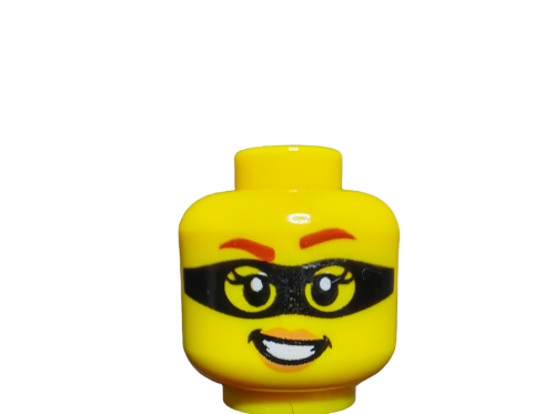 The LEGO 6316917 Minifigure Head features a dual-sided face with reddish-brown eyebrows and a black eye mask, showcasing a smiling female expression. Perfect as a distinctive accessory, it stands out against the white background.