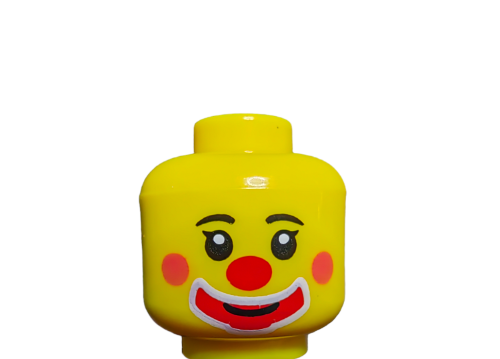 The LEGO Minifigure Head (UB1493) features a classic yellow head with a clown face, complete with big eyes, a red nose, and rosy cheeks on a plain white background—ideal for fans of collectible figures.
