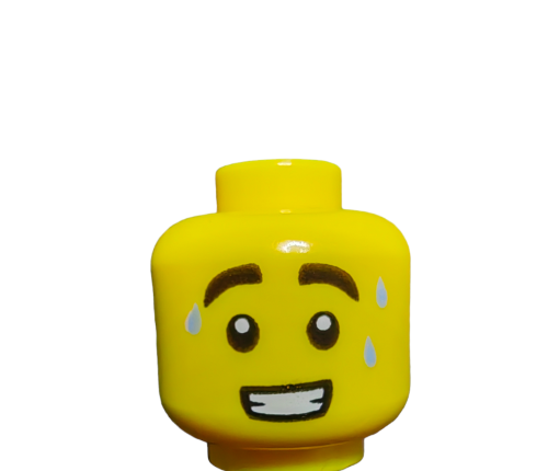 Close-up of LEGO 6384051 Minifigure Head featuring black thick eyebrows and sweat drops against a plain white background.
