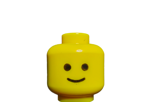 The LEGO 9336 Minifigure Head, Standard Grin Pattern - UB1068 features a yellow head with a smiling face and simple black dot eyes on a white background, ideal for collectors looking to expand their minifigure collection.
