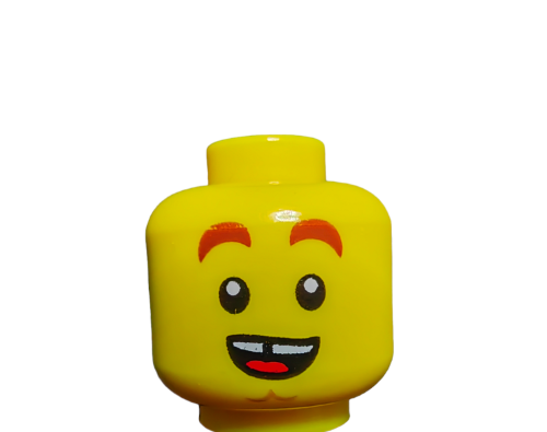 Close-up of a LEGO 6301547 Minifigure Head, showcasing a yellow face with reddish-brown thick eyebrows, large circular eyes, and a big open-mouthed grin against a plain white background, emphasizing its playful design.