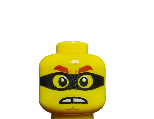Against a plain white background, the LEGO 6301547 Minifigure Head features a yellow side with a black eye mask, raised eyebrows, and grimacing expression. The dual-sided head reveals a reddish-brown side with thick eyebrows and chin dimple when transformed.