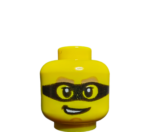 Close-up of the LEGO 6384848 Minifigure Head featuring tan thick eyebrows, a black mask, and a chin dimple, resembling a superhero or masked character.
