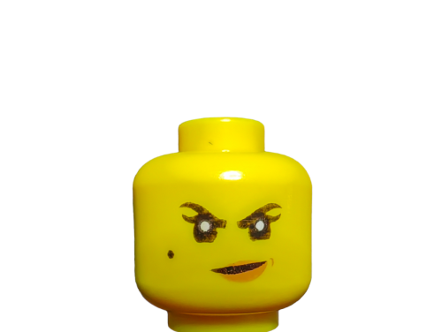 A yellow LEGO minifigure head with confident expression, raised eyebrows, and a mole-like dot on the left cheek against a white background. The Female Dual Faced Head (UB1497) adds character with its two expressions: angry on one side and shocked on the other.