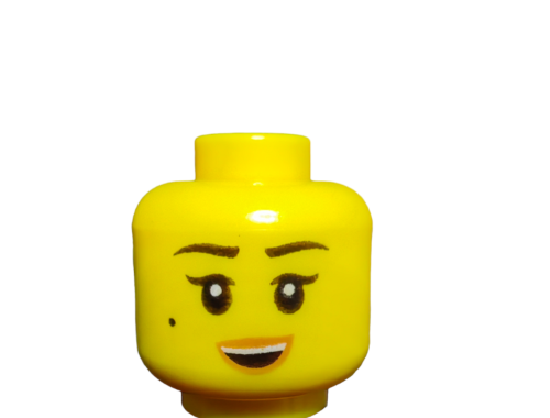 A yellow Lego Minifigure Head, UB1497, showcases a dual-sided female face with an angry and shocked expression set against a plain white background.