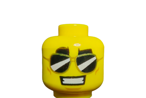 The LEGO 6271407 Minifigure head, featuring thick black eyebrows and black sunglasses, delights enthusiasts with its cartoonish features including a big smile against a plain white background.
