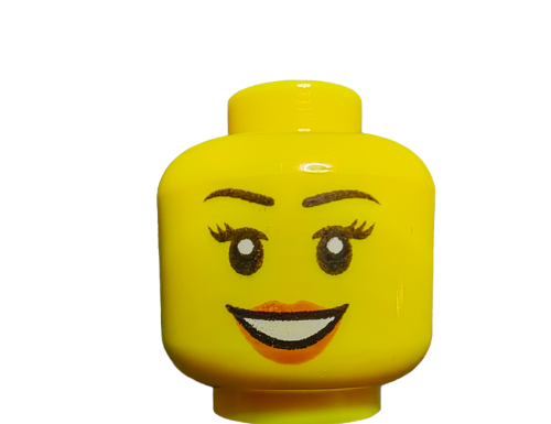 The LEGO 6283884 Minifigure Head, Black Eyebrows, and Light Lipstick is a customizable yellow head that features a cheerful face with wide eyes and eyelashes, ideal for enhancing your mini-figures collection.