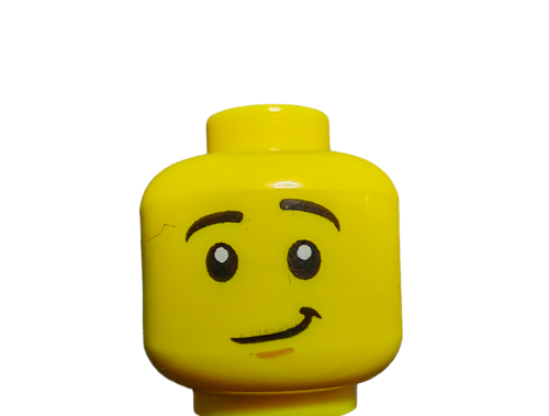 The LEGO 6182787 Minifigure Head features two expressions—one worried and one smirking. This yellow dual-faced head, with printed eyes and eyebrows, adds personality to any building set against a plain white background.