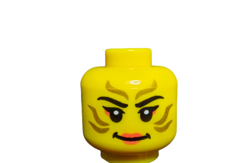 A close-up of a LEGO Minifigure Head (UB1494) reveals a yellow face with bold eyebrows, striking eye makeup, pink lips, and tiger stripe markings. The female-patterned design stands out brilliantly against the white background, exemplifying creative minifigure artistry.