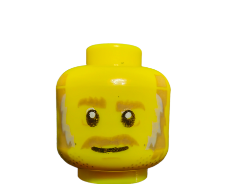 The LEGO 6205341 Minifigure Head features a cheerful grin, bushy tan eyebrows, a mustache with stubble, and tan and grey sideburns on a yellow face, ideal for enhancing any minifigure collection.