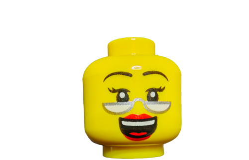 This LEGO 6384569 Minifigure Head showcases a dual-sided design with a smiling face, red lips, silver glasses, and black thin eyebrows.