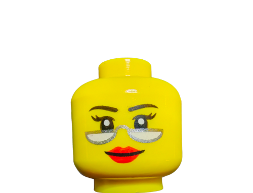 The LEGO 6384569 Minifigure Head features a female expression with black thin eyebrows, red lips, silver glasses, and long eyelashes. Its dual-sided design offers playful versatility.