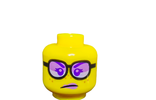 The LEGO 6306824 minifigure head features dual-sided female expressions with lavender lips, black eyebrows, freckles, and large purple glasses on yellow. Perfect for enthusiasts, it offers curious or skeptical looks against a plain white background.