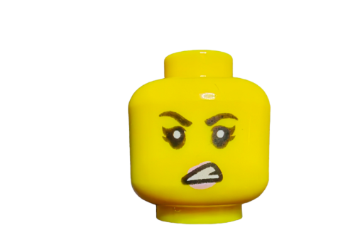 Close-up of LEGO 6296328 Minifigure Head, yellow with an angry expression, features black eyebrows, large eyes, and a clenched-teeth mouth against a white background.