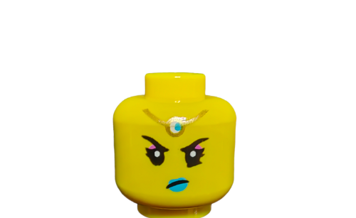 The LEGO 6366626 Minifigure head features thick eyebrows, pink eyeshadow, blue eyeliner, medium azure lips, and a golden ornate headpiece with a shimmering blue gem. Ideal for brick creations with its elegant style and dual-sided charm.