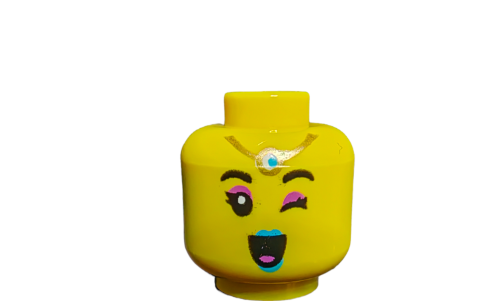 The LEGO 6366626 Minifigure Head, featuring dual-sided designs with medium azure lips and a charm on the forehead, adds playful character to your builds.