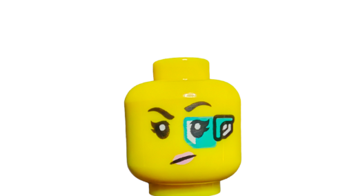 The LEGO 6334588 Minifigure Head features a dual-sided design with black eyebrows, pink lips, and a turquoise scouter. Perfect for adding character to your creations, this accessory showcases expressive eyes and versatile detailing on a yellow background.