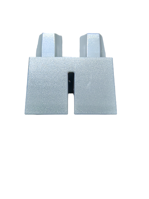 Close-up of LEGO® 6233908 Minifigure Legs, Short Grey Legs - UB1169, featuring a light gray rectangular base with two parallel protrusions resembling minifigure legs ready for building adventures against a white background.