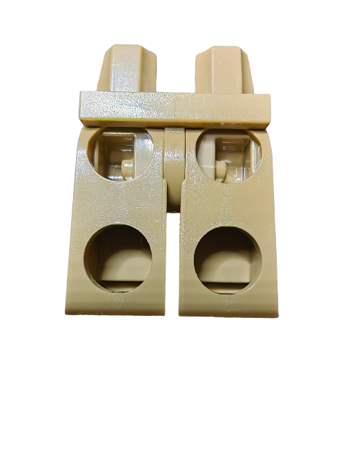 The Minifigure 6343796 Legs in tan with black pockets - UB1170 offer a smooth texture and circular top holes for easy attachment. Crafted from quality materials, these stylish tan legs make a great addition to any collection, displayed against a white background.