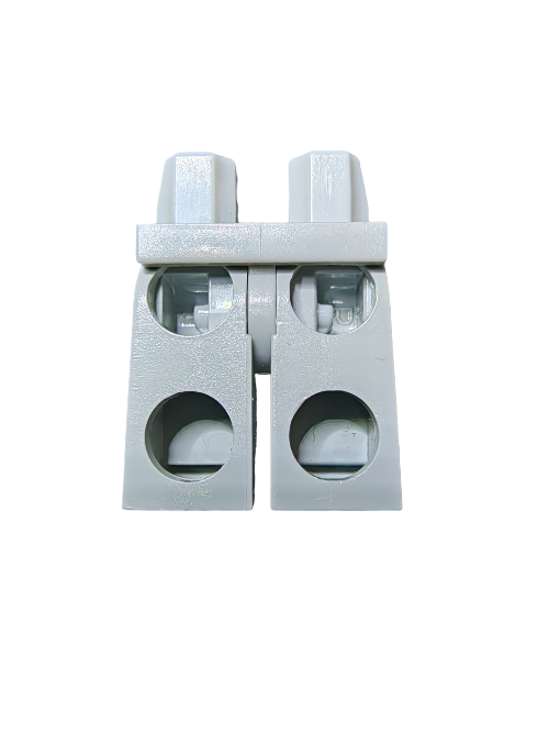 Close-up of a LEGO 4227657 Minifigure Legs piece in light grey with two cylindrical connectors and dual side holes, perfect for custom builds. Ideal for creating articulated Minifigure legs, its showcased on a white background to highlight its functional design.