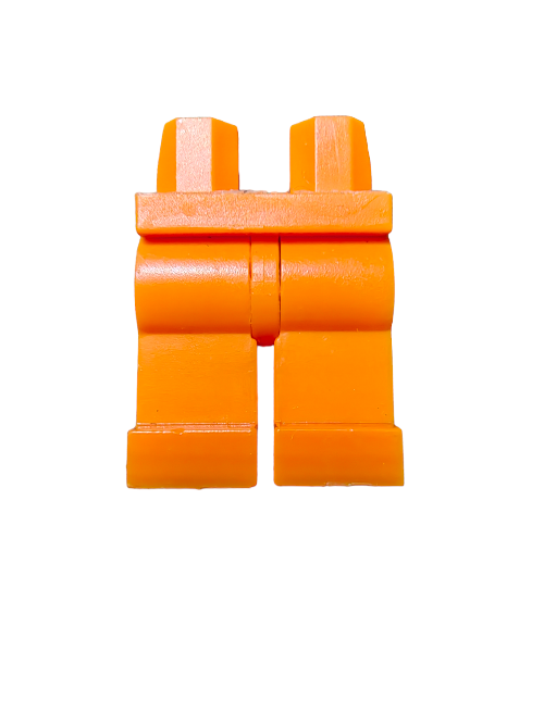 The vibrant LEGO 4120158 Minifigure Legs, Orange - UB1162, are displayed from the front on a pristine white background, making them an ideal addition to any minifigure collection.
