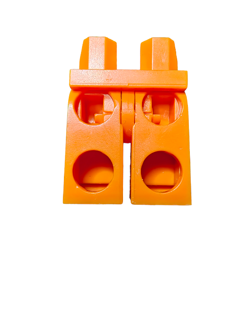 Close-up of LEGO 4120158 Minifigure Legs, Orange - UB1162, a plastic mechanical connector with two round openings and interlocking block-like parts, on a white background.