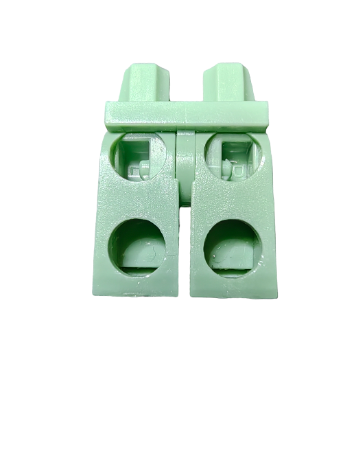 The LEGO 4206504 Minifigure Legs in Olive Green, resembling minifigure legs, are shown from the front. With two cylindrical studs on top and two large circular holes near the bottom, its isolated against a white background—perfect for creating custom Minifigures.