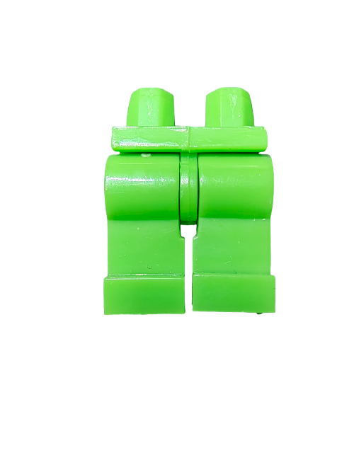 The LEGO 6368255 Minifigure Legs in Bright Green, model UB1159, stand upright against a plain white background, resembling small pants.