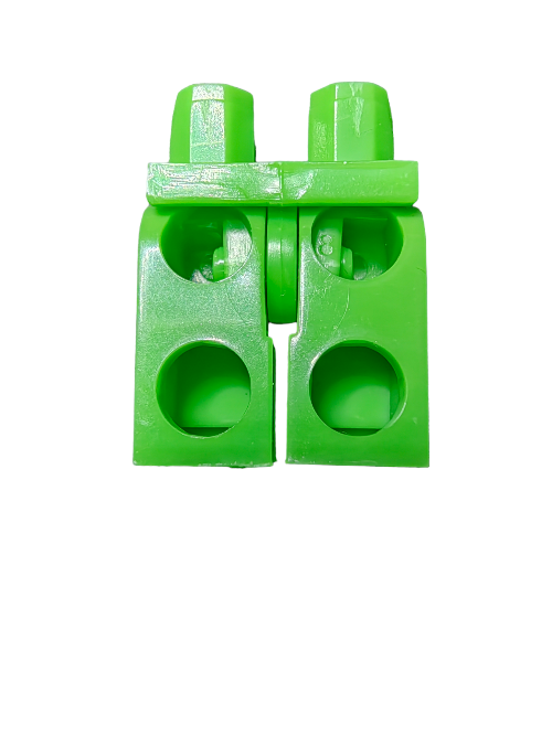 Two bright green LEGO 6368255 Minifigure Legs are aligned vertically on a white background. Each piece features circular holes and notched edges, suggesting they could be used for connecting or assembling.