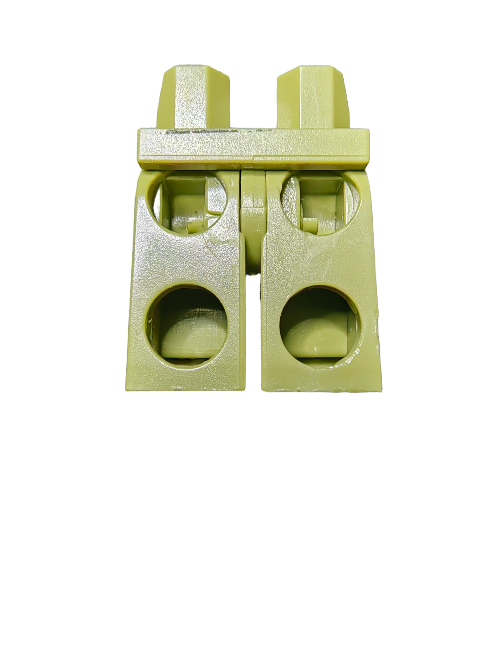 Close-up of a small, green, rectangular plastic piece with two cylindrical holes and protruding sections on top, resembling LEGO Minifigure Legs (LEGO 6043605 Jungle Green - UB1160). The shiny surface contrasts against the plain white background.