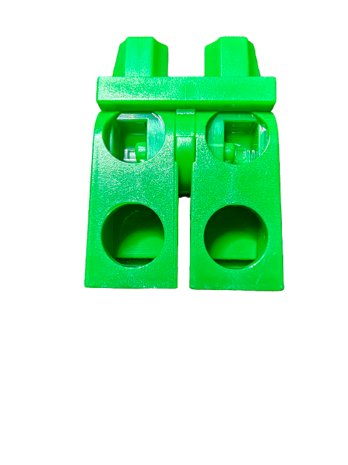 Viewed from above against a plain white background, the LEGO 4226869 Minifigure Legs in green resemble a 3D-printed building block with two columns of circular holes and a horizontal bar on top, evoking creativity and enhancing playability in design projects.