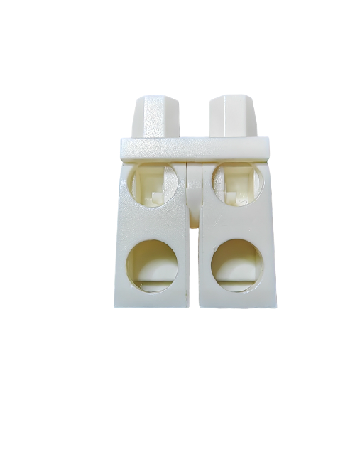 A white, plastic dual wire connector block with two sections and wire insertion holes is vertically positioned against a plain background. It is perfectly situated like LEGO 9327 Minifigure Legs, White - UB1061, adding meticulous detail and precision to any setup.