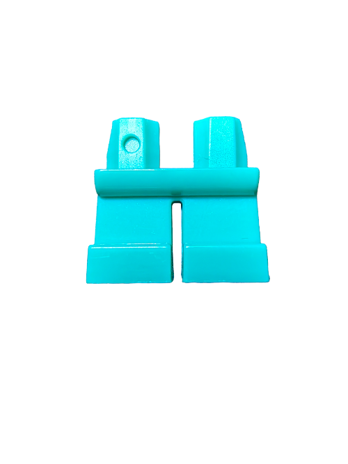 A pair of LEGO 6322126 Minifigure Legs, Short Aqua - UB1062, made from turquoise plastic, is displayed on a white background. Featuring a central groove typical of a Lego minifigures lower half, they are ideal for customization and creativity.