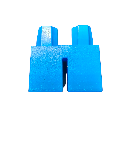 The LEGO 6031019 Minifigure Legs, Short Light Blue - UB1057, is a rectangular light blue plastic piece with two studs on top, resembling Minifigure legs, shown from the front on a white background.