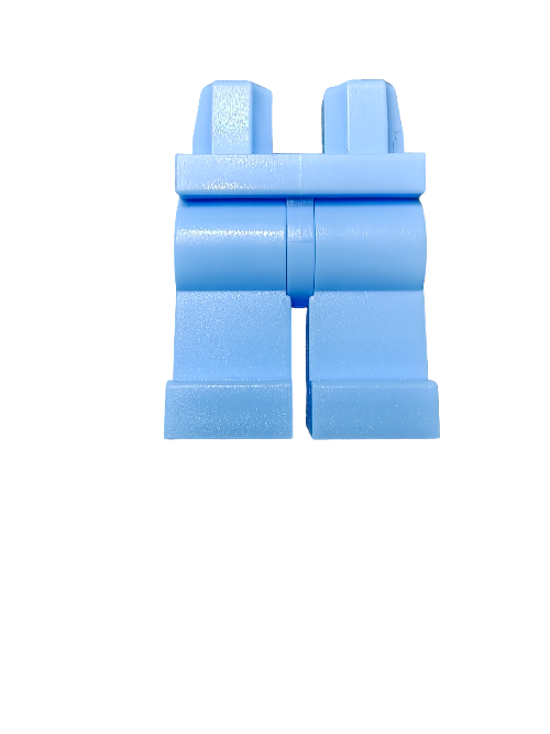 A close-up of LEGO 6368313 Minifigure Legs in Sky Blue displayed on a white background, featuring rectangular design with detailed grooves and joints similar to a figurines lower half. Made from premium materials, these are perfect accessories for minifigures.