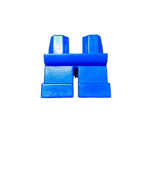 Close-up of LEGO 4543857 Minifigure Legs, Short Blue - UB1055, resembling those of a small action figure or block toy character, against a white background.