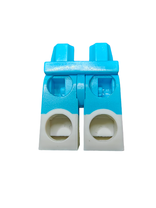 A close-up of the Minifigure Legs, Blue and White Boots (UB1486), made from high-quality materials with interlocking connectors, set against a white background.