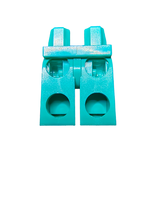 The LEGO 6397830 Minifigure Legs, Dark Turquoise - UB1473 is a plastic piece with two circular openings and protruding parts at the top, shown against a white background. It resembles Minifigure legs and is perfect for any toy collection.