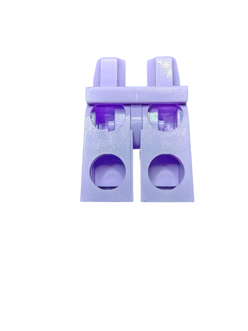 A close-up shows LEGO 6414924 Minifigure Legs in lavender with black stripes, featuring two rounded openings at the bottom and a horizontal bar near the top. Set against a white backdrop, the pieces shape and vibrant color stand out.