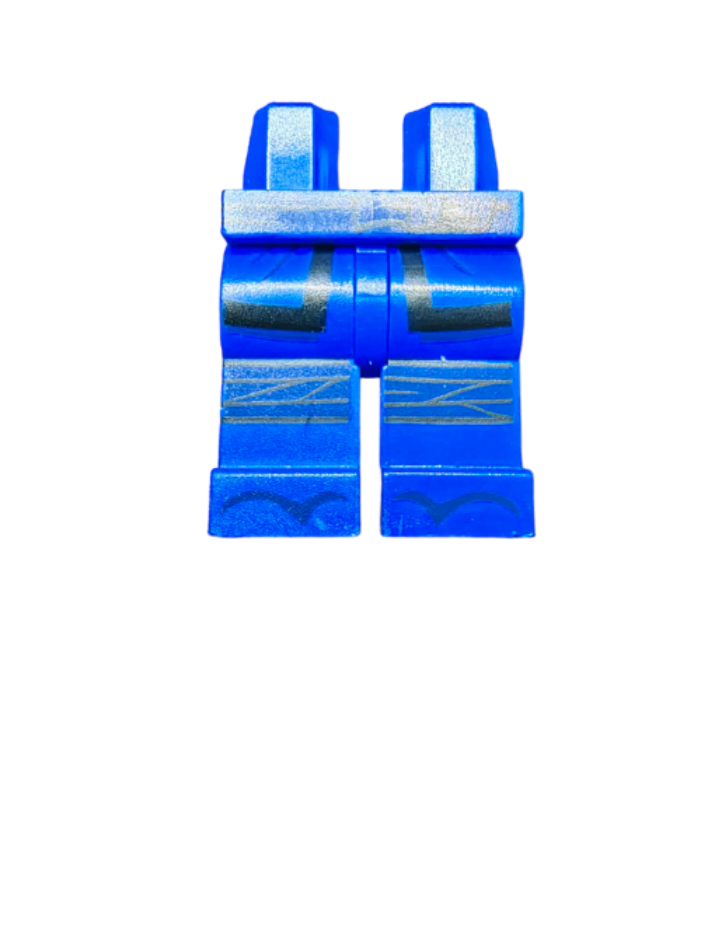 The LEGO 6251186 Minifigure Legs in dark blue with pattern (UB1431), set upright against a white background, make a distinctive addition to any collection.